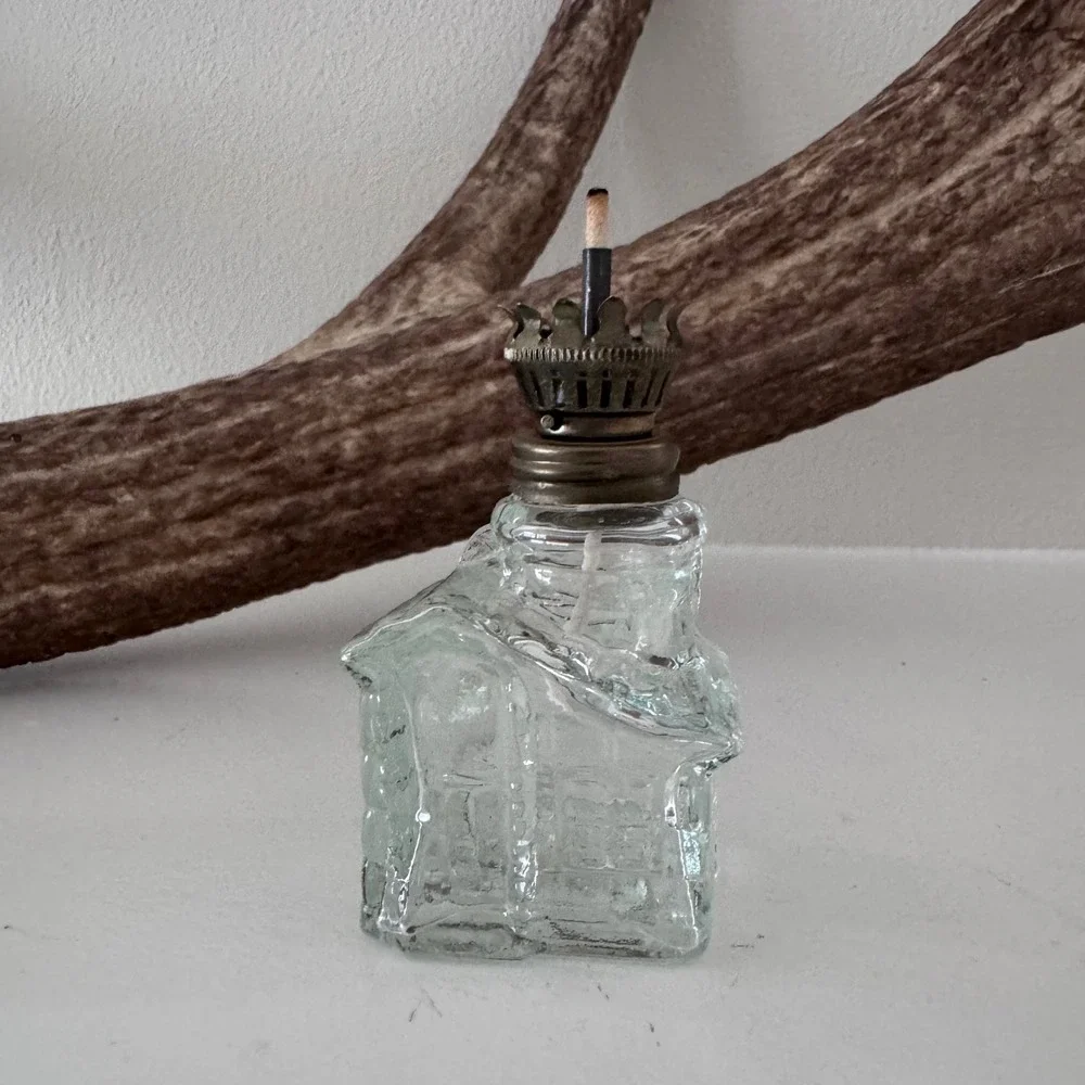 Vintage Miniature Glass Log Cabin Oil Lamp Tiny Cottage Kerosene Lamp Clear